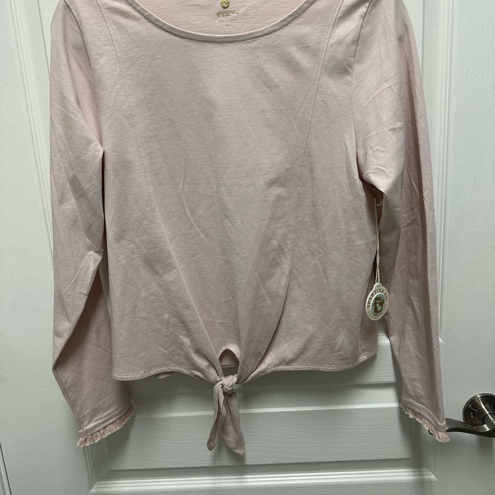 Spartina 449 Tie Front Pink Top with Fringed Cuffs Medium NWT